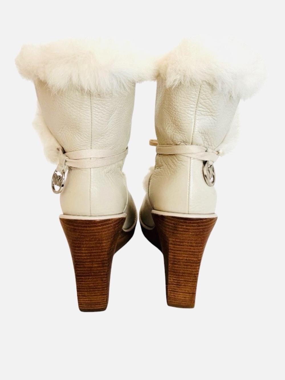 Michael Kors Cream Leather Faux Fur Trim Wedge Ankle Boots Pom Pom MK Logo 7.5 - Picture 6 of 9